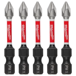 This image shows five SHOCKWAVE™ 2" Impact Phillips #1 Power Bits (5 PK) by Milwaukee. Each bit has a red and white shaft, black base marked PH1, and a silver Phillips head tip.