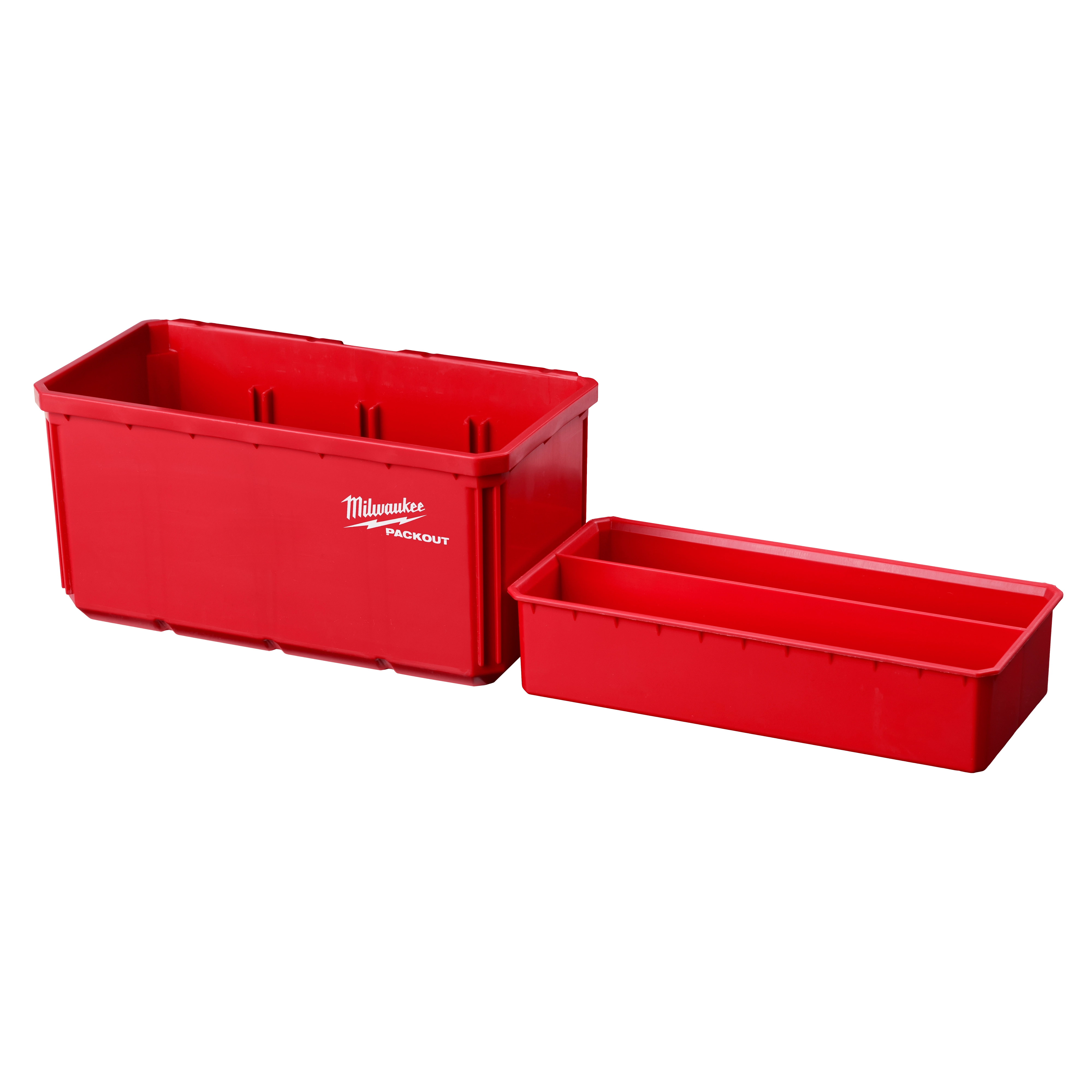 Red Large Bin Set for Packout, includes two stackable, durable bins; one deeper and one shallow bin with handles.