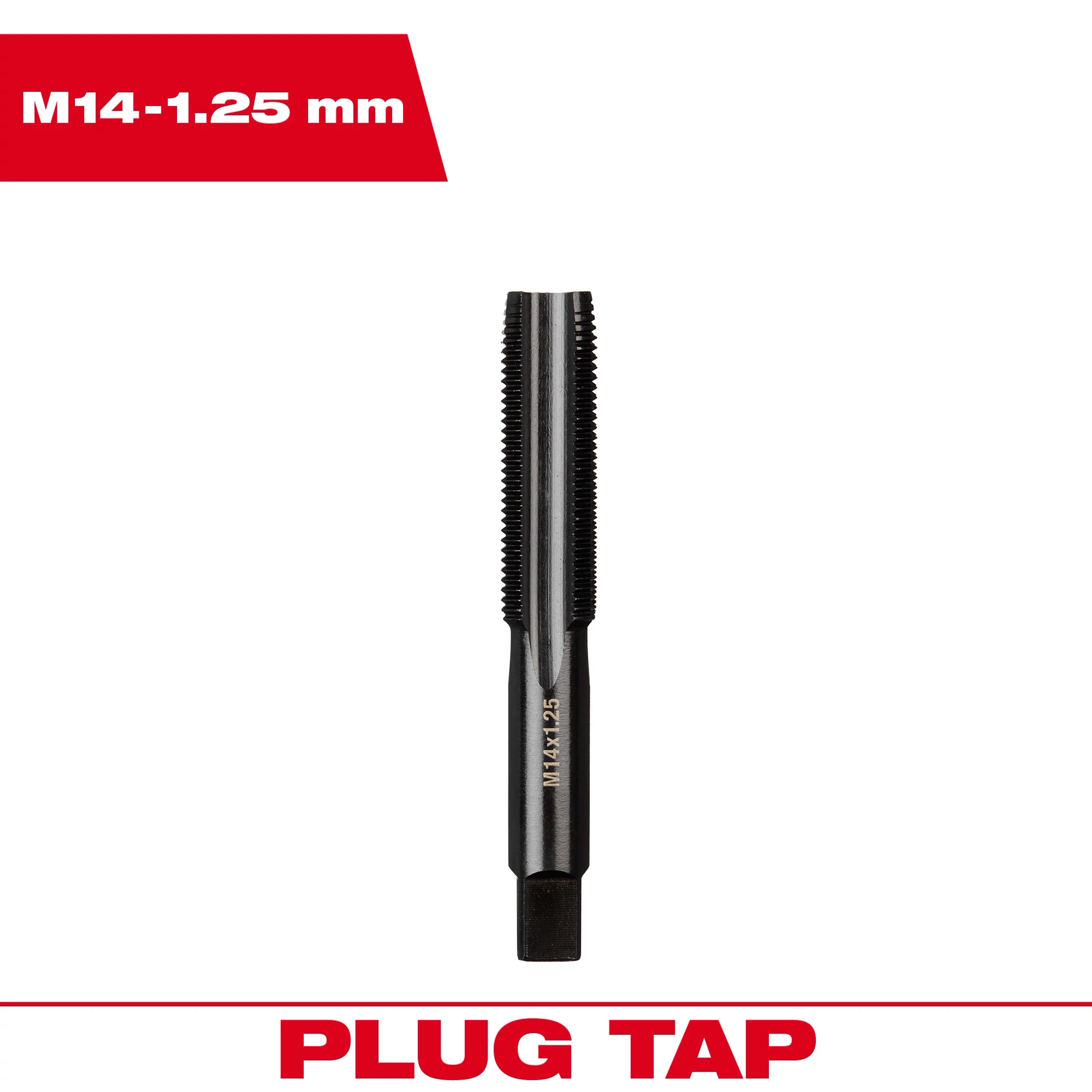 M14-1.25 x 20mm Straight Flute Plug Tap on a white background with red labels indicating the product name and type at the top and bottom.