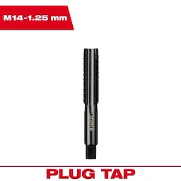 M14-1.25 x 20mm Straight Flute Plug Tap on a white background with red labels indicating the product name and type at the top and bottom.