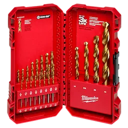 The THUNDERBOLT® Titanium Drill Bit Set – 20PC is displayed in a red, hard plastic case. It features 20 titanium drill bits of various sizes, organized neatly in molded slots. The case includes labeling and Milwaukee branding, which highlights the drill bits' secure grip and durability, promising up to three times longer life.
