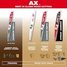 AX branded Sawzall blades for wood cutting, featuring carbide teeth. Product name: 5 TPI AX with Nitrus Carbide Teeth SAWZALL Blade for Wood with Nails.