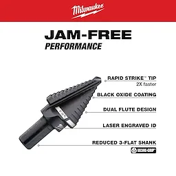 The image features the Milwaukee 7/8 in. #7 Step Black Oxide Drill Bit, highlighting its rapid strike tip, black oxide coating, dual flute design, laser engraved ID, and a reduced 3-flat shank. The text "JAM-FREE PERFORMANCE" is prominently displayed above the drill bit.