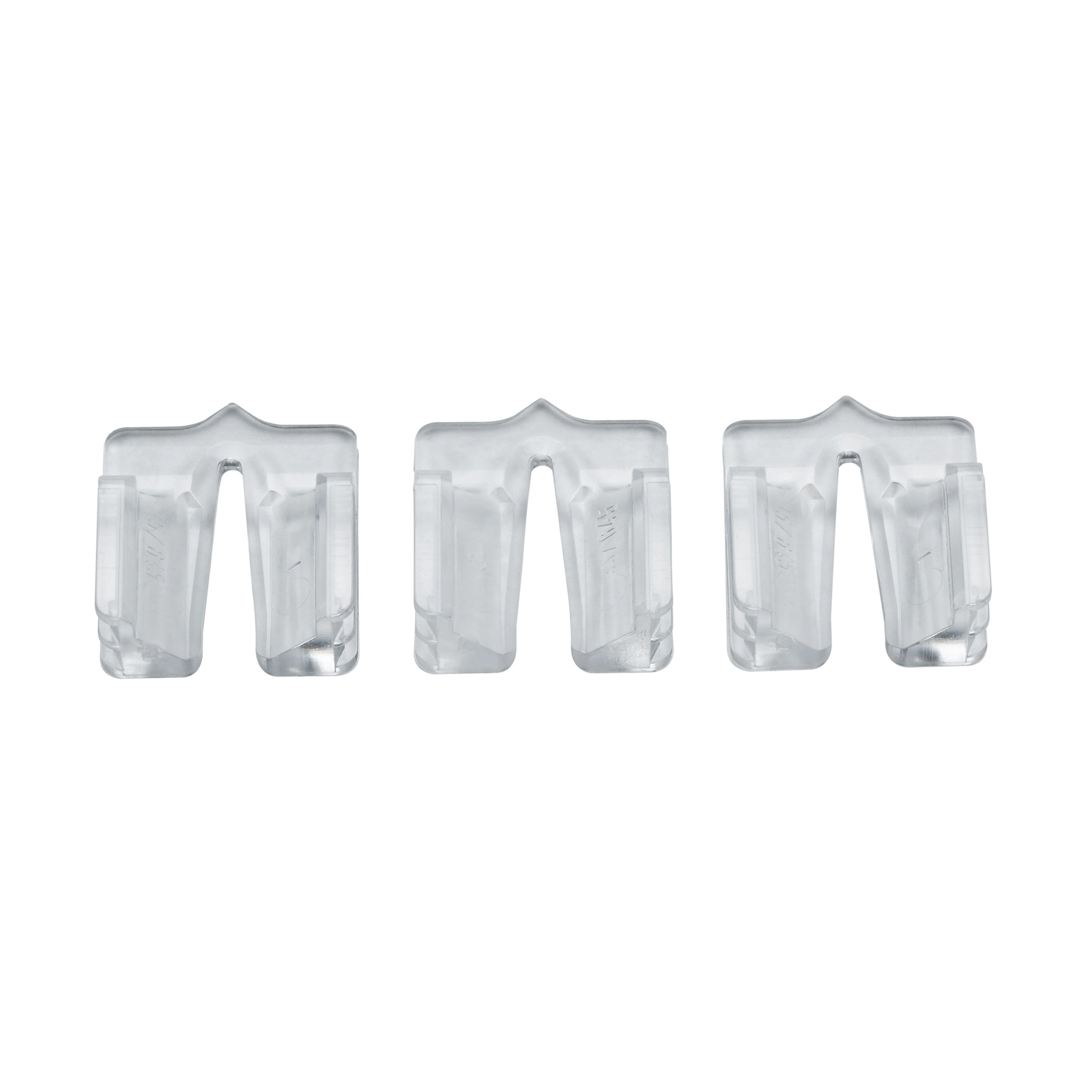 Clear plastic blade guides for M12, M18, and Jigsaw tools displayed in a row, featuring a U-shaped design for securing and stabilizing jigsaw blades. Each guide has a left and right slot to hold the blade securely in place during operation.