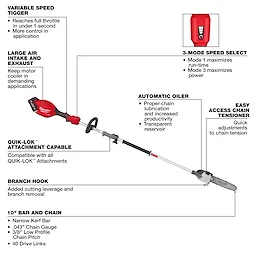 M18 FUEL Pole Saw w/ QUIK-LOK Kit displayed with labeled features and specifications on a white background.