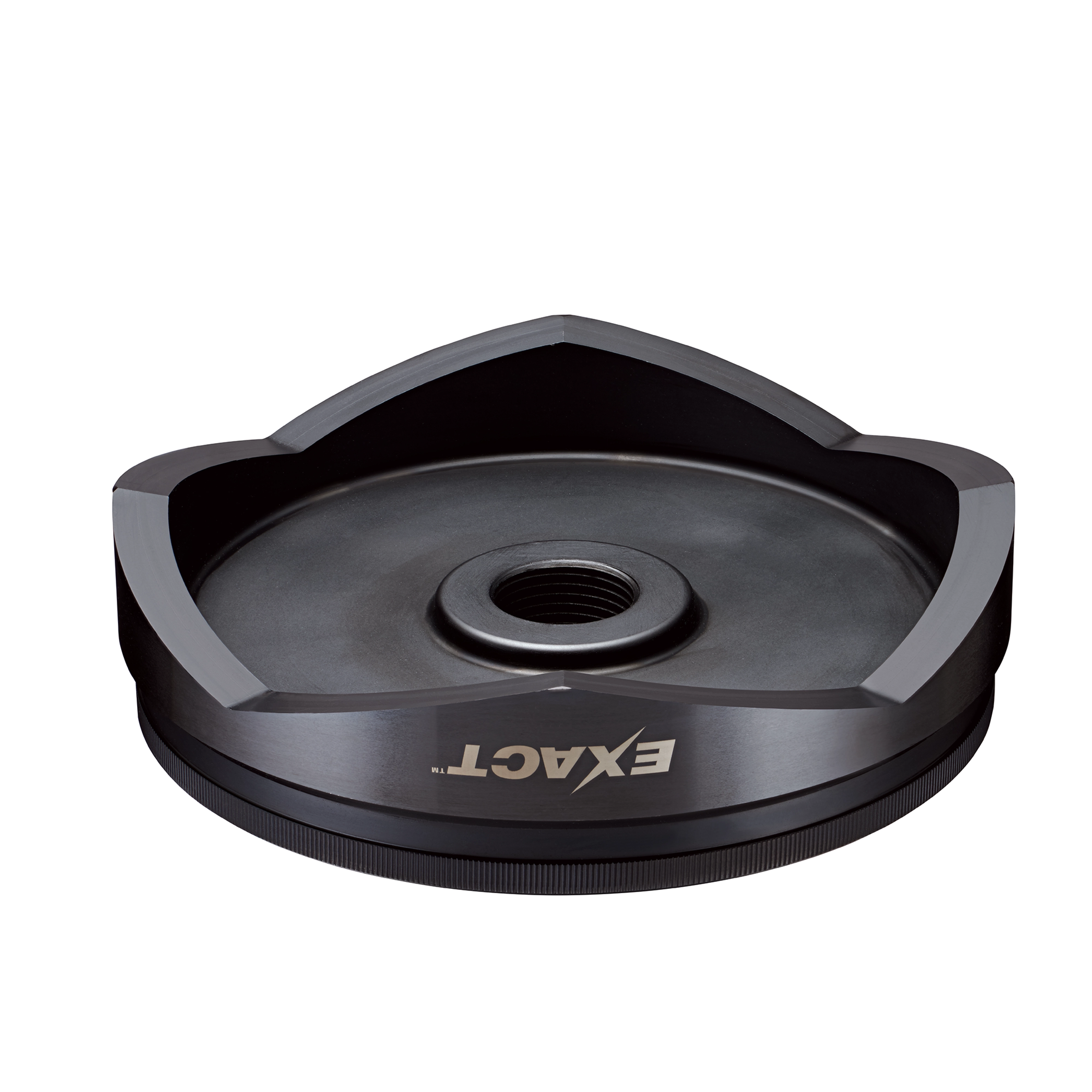 Exact™ 6" Conduit Knockout Punch featuring a black circular design with three pointed edges around the circumference and a threaded central hole. The Exact™ logo is displayed prominently on the front.