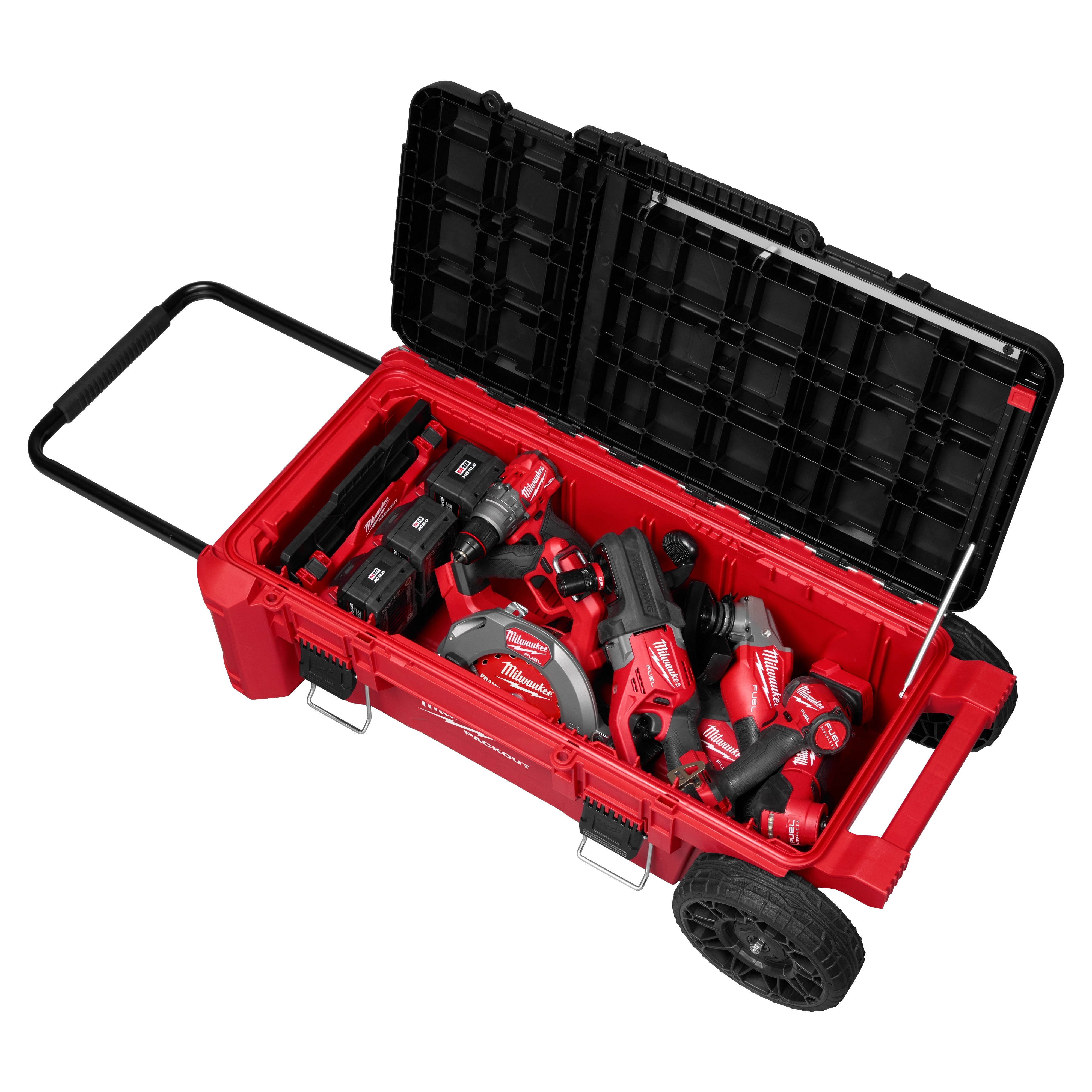 PACKOUT Rolling Tool Chest with Compact Split Lid open, filled with assorted red power tools and batteries.