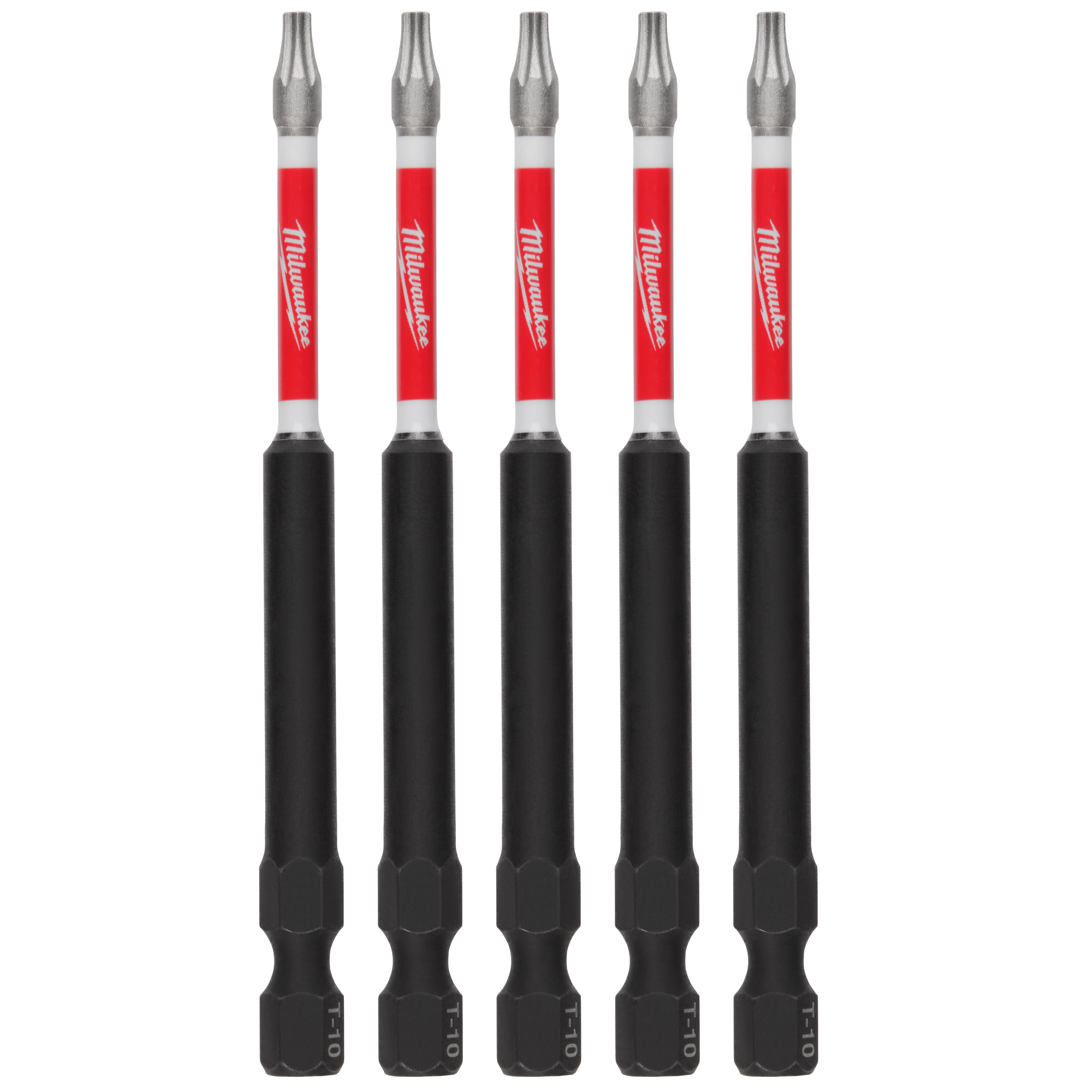 The image shows five SHOCKWAVE™ 3-1/2" Impact TORX® T10 Power Bits. The bits have a red Milwaukee logo on the shank and are designed for heavy-duty impact use.