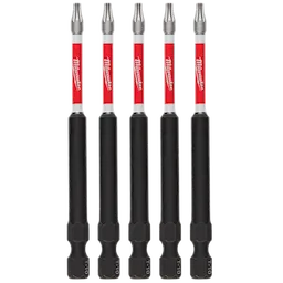 The image shows five SHOCKWAVE™ 3-1/2" Impact TORX® T10 Power Bits. The bits have a red Milwaukee logo on the shank and are designed for heavy-duty impact use.