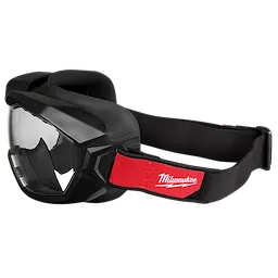 Vented Goggles - Clear Dual Coat Lens with black frame and an adjustable strap featuring a red patch with a white logo.