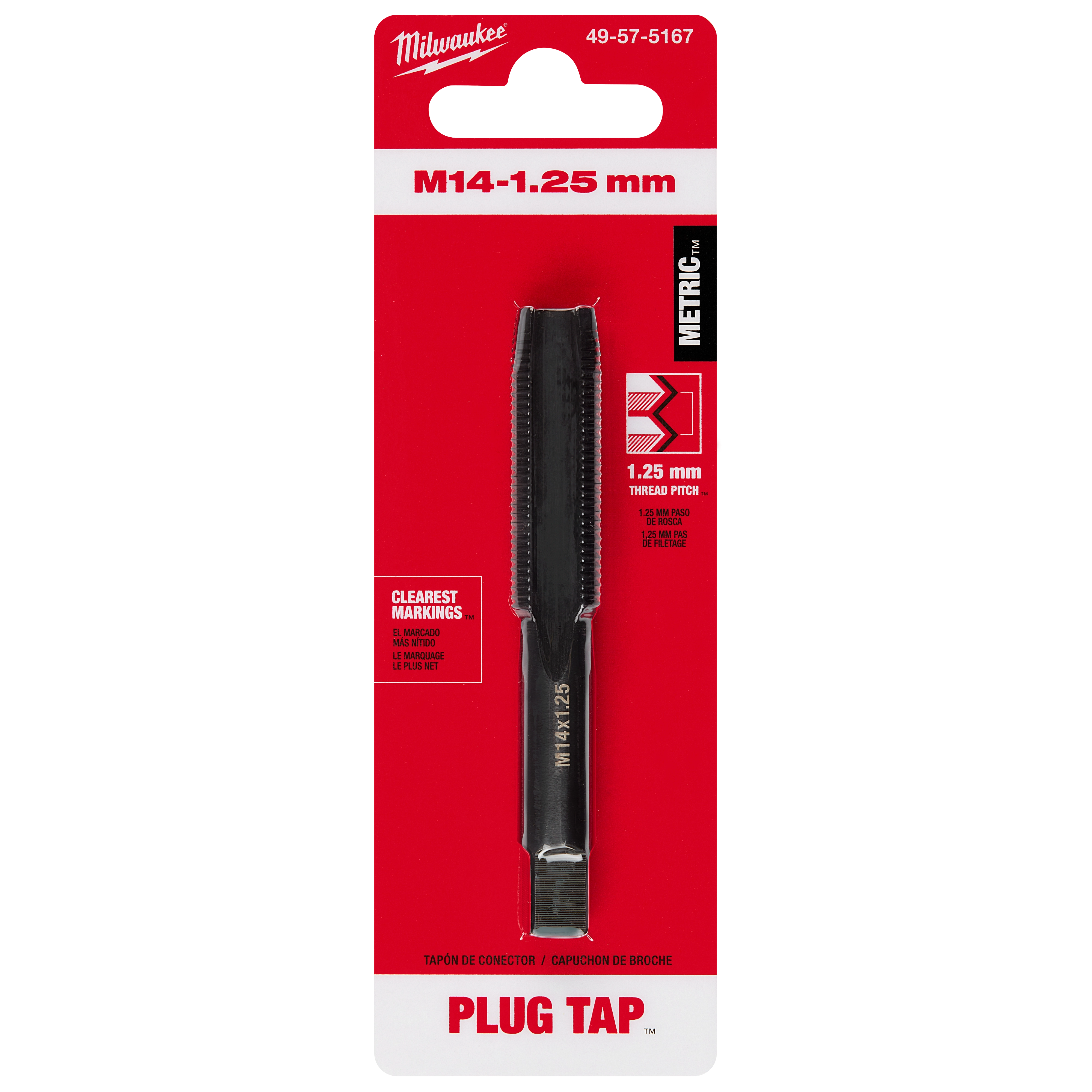 M14-1.25 20mm Straight Flute Plug Tap in black metal with clear markings, displayed on a red cardboard packaging.