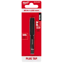M14-1.25 20mm Straight Flute Plug Tap in black metal with clear markings, displayed on a red cardboard packaging.