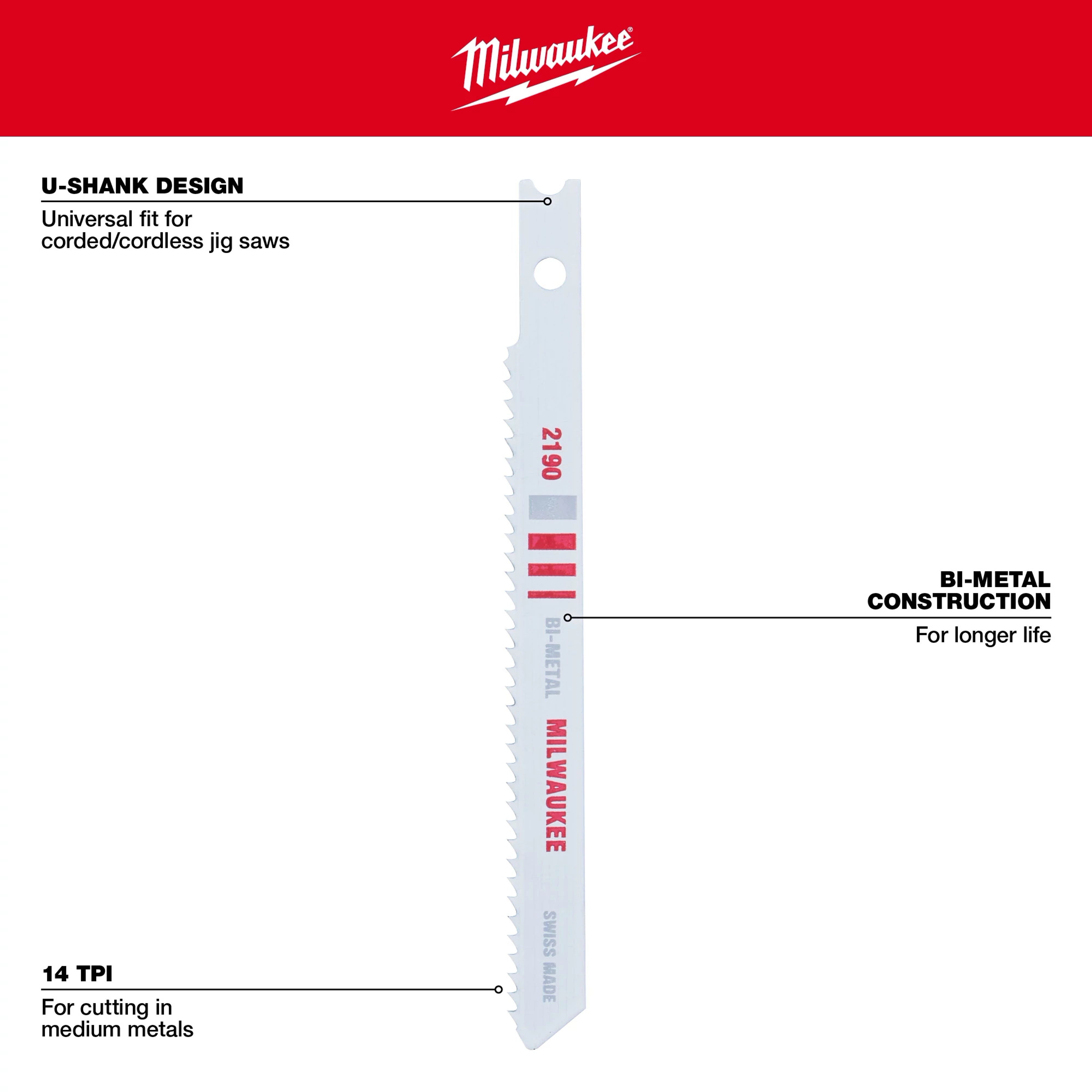 3-5/8" 14TPI U-Shank Metal Cutting Bi-Metal Jig Saw Blades 5PK, featuring a universal fit, bi-metal construction, and 14TPI for medium metals.
