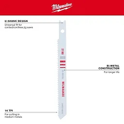 3-5/8" 14TPI U-Shank Metal Cutting Bi-Metal Jig Saw Blades 5PK, featuring a universal fit, bi-metal construction, and 14TPI for medium metals.