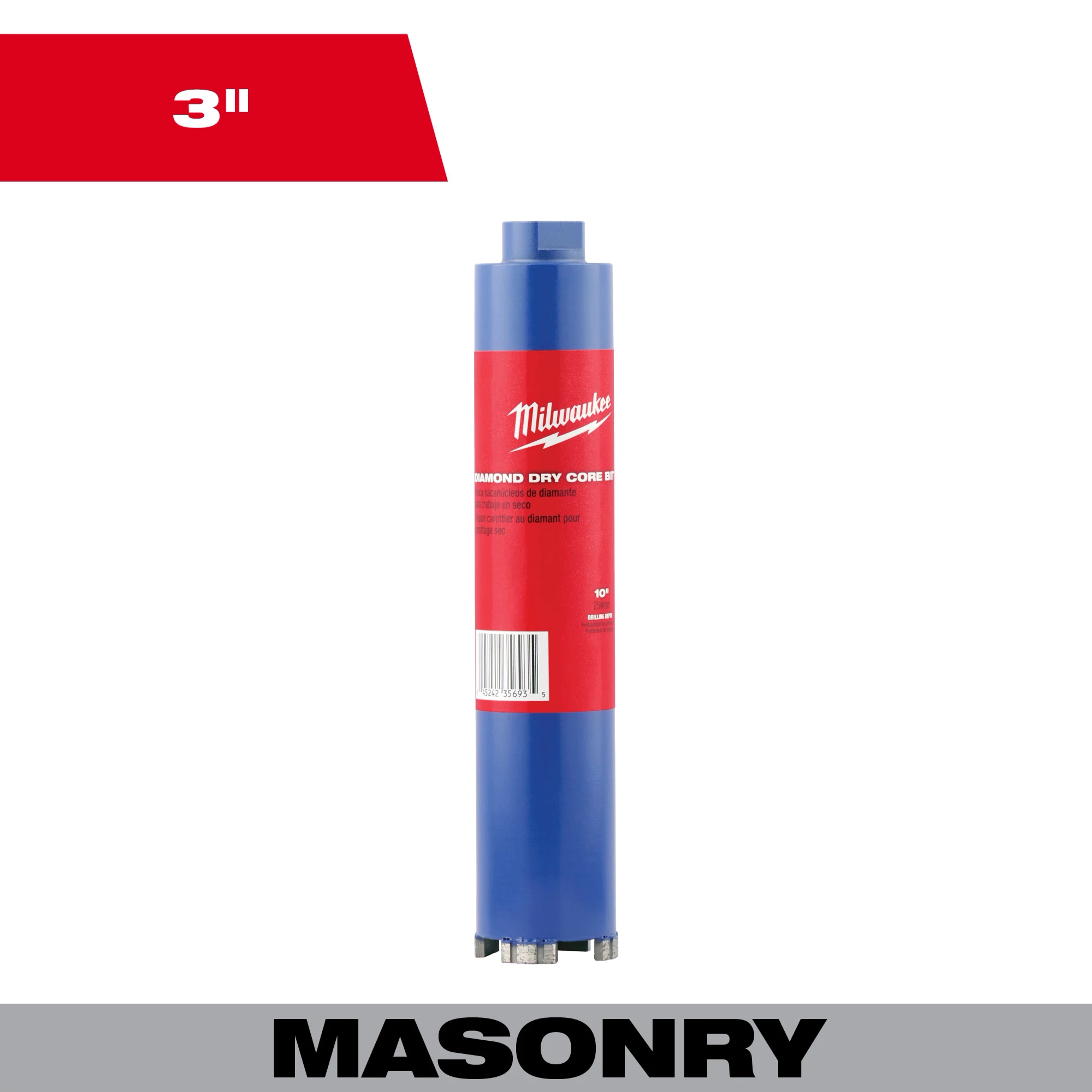 3" Dry Core Masonry Bit with a blue cylindrical body, red label, and silver-colored cutting teeth at the bottom.