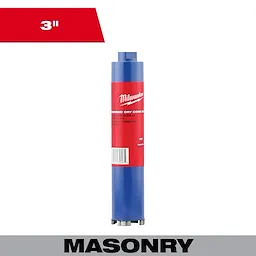 3" Dry Core Masonry Bit with a blue cylindrical body, red label, and silver-colored cutting teeth at the bottom.