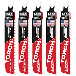 Five 6" 8 TPI TORCH™ with NITRUS™ Carbide SAWZALL® Blades for Cast Iron (5 PK) are shown, with red and black design, American flags, and "MADE IN USA" printed on them.