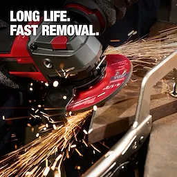 Bonded Abrasives Grinding disc in action, producing sparks while cutting through metal, with text "LONG LIFE. FAST REMOVAL."