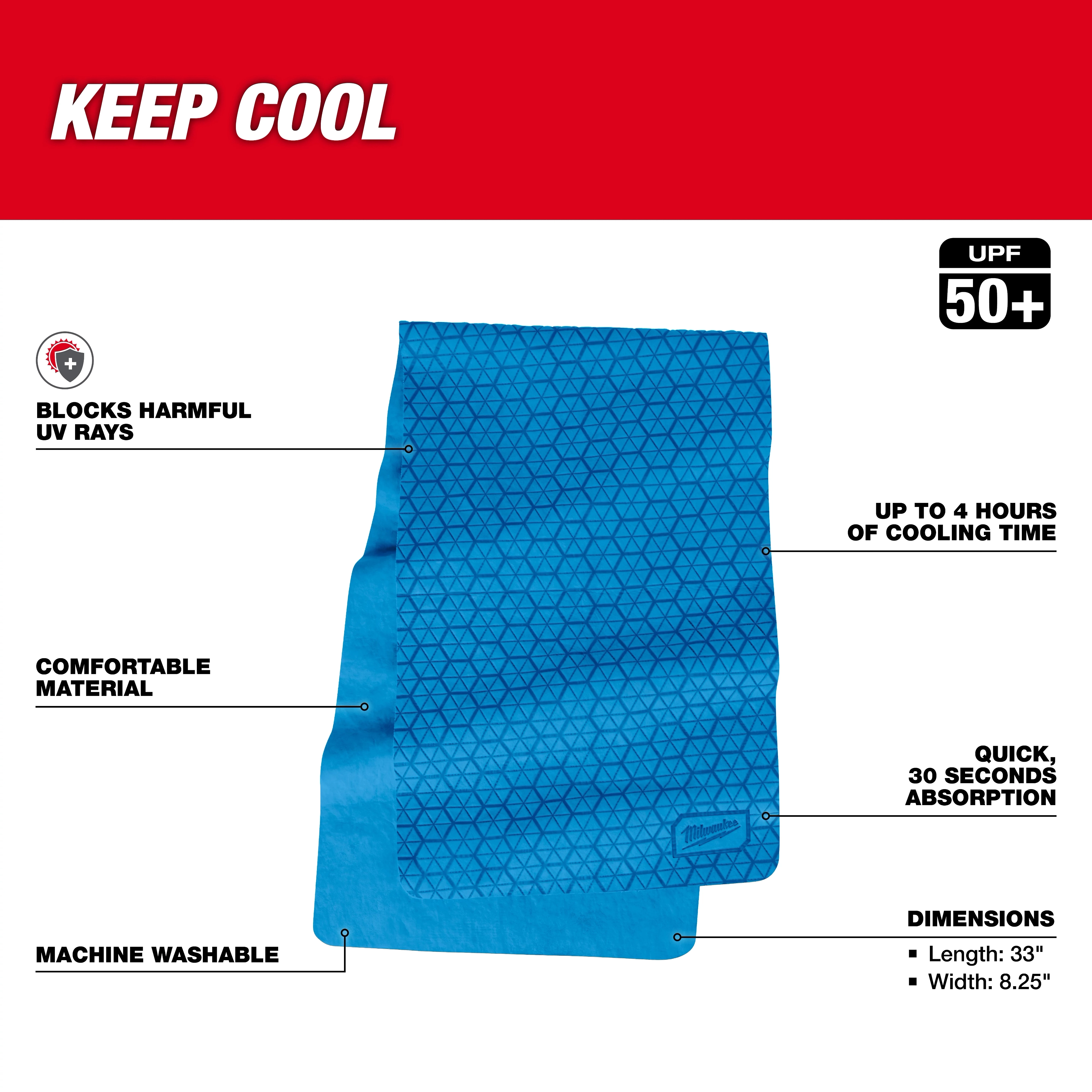 Cooling PVA Towel in blue with UV protection, comfortable material, 4-hour cooling, quick absorption, machine washable, 33" x 8.25".