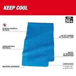 Cooling PVA Towel in blue with UV protection, comfortable material, 4-hour cooling, quick absorption, machine washable, 33" x 8.25".