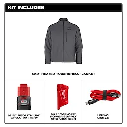 M12 Heated TOUGHSHELL Jacket kit includes a grey jacket, M12 REDLITHIUM CP3.0 battery, M12 top-off power supply and charger, and a USB-C cable.