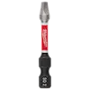 The image shows a SHOCKWAVE™ 2” Impact Duty Square Recess #2 Power Bit. It has a metallic square tip, a red shaft with the Milwaukee logo, and a black base labeled "SQ 2."