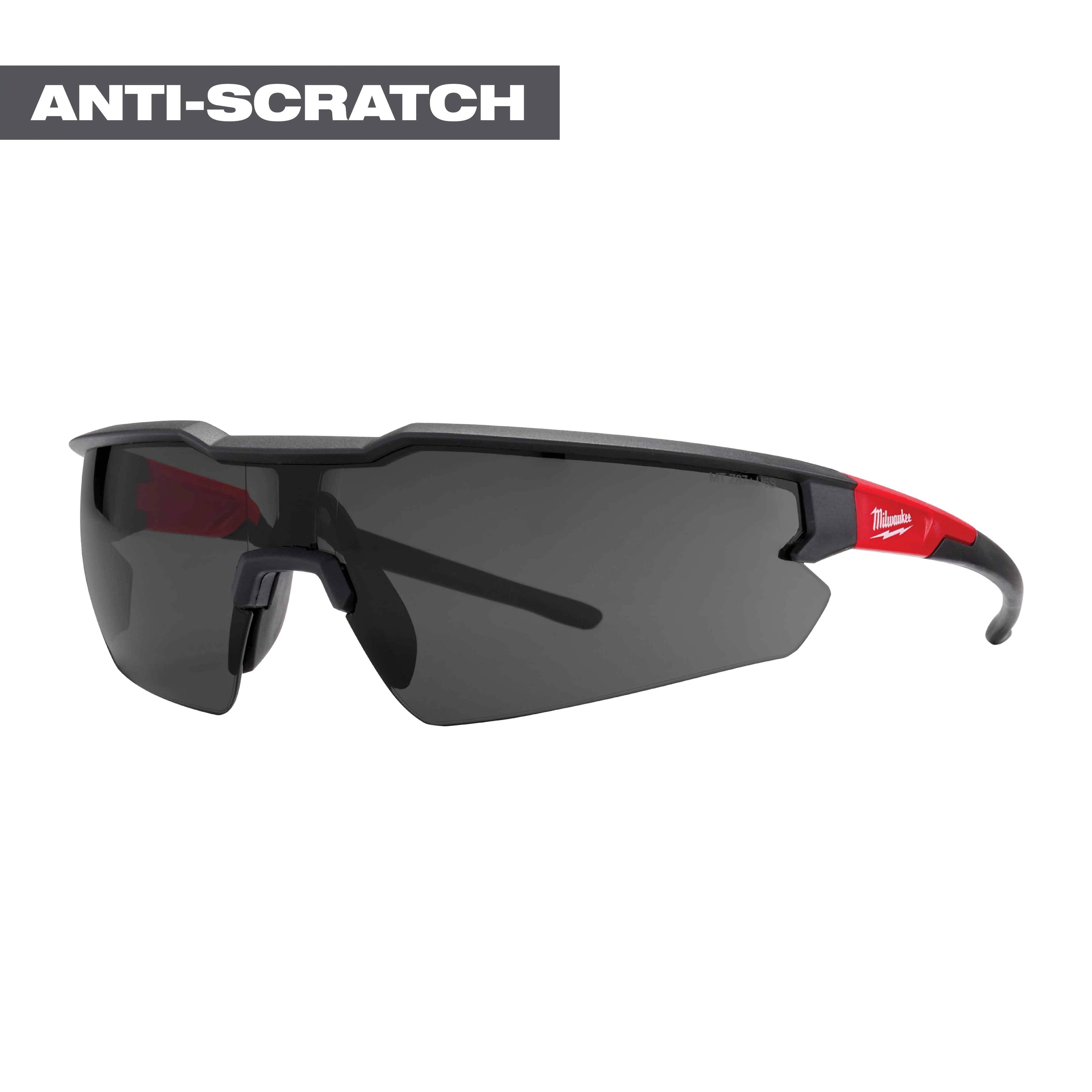 Safety Glasses - Anti-Scratch Lenses (Tinted) featuring black frames, tinted lenses, and red accents on the arms, shown from a side angle.