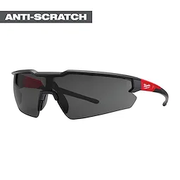 Safety Glasses - Anti-Scratch Lenses (Tinted) featuring black frames, tinted lenses, and red accents on the arms, shown from a side angle.