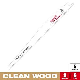 9" 6 TPI Fleam Ground SAWZALL Blade for Clean Wood, 5 pack. White blade with "CLEAN WOOD" text in gray and manufacturer's logo in red.