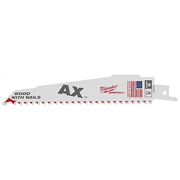 The 6" 5 TPI The Ax™ Sawzall® Blade (5 Pk) is a reciprocating saw blade designed for cutting wood with nails. It features a white blade with red and black text, indicating it is made in the USA and constructed with nail guard technology for durability.