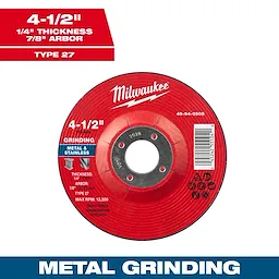 4-1/2" x 1/4" x 7/8" Metal Grinding Wheel - Type 27 features a red abrasive surface with specifications and barcode visible.
