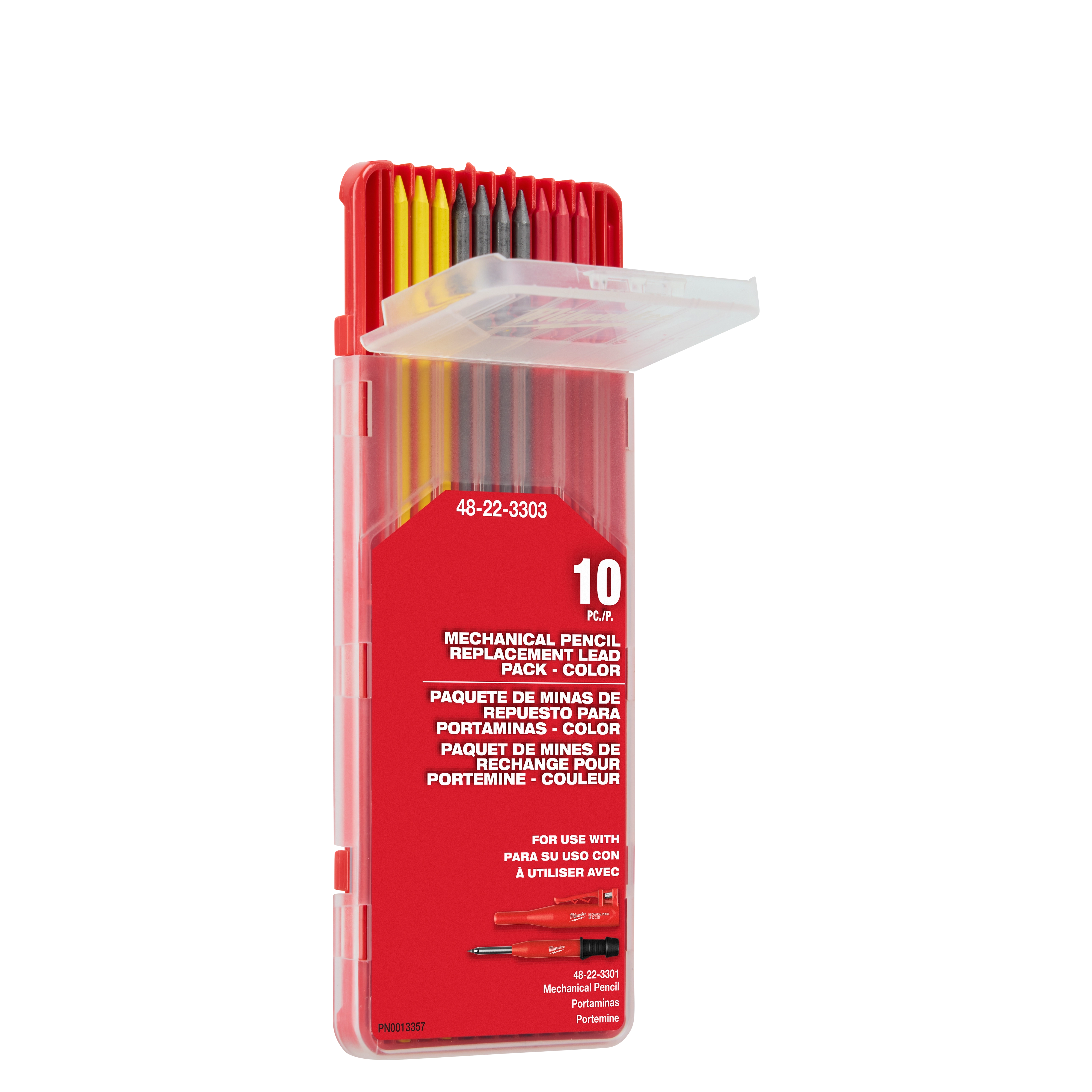 Mechanical Pencil Replacement Lead – Multicolor pack with 10 leads in a red plastic case, including yellow, red, and black leads.