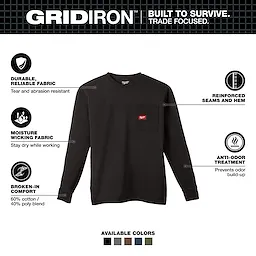 GRIDIRON Pocket T-Shirt - Long Sleeve in black. Features include durable fabric, reinforced seams, moisture wicking, anti-odor treatment, and comfort blend. Available colors shown.