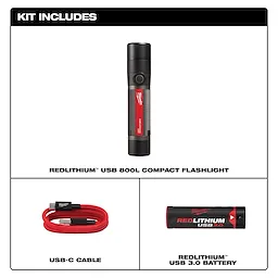 USB Rechargeable 800L Compact Flashlight kit includes the flashlight, a red USB-C cable, and a USB 3.0 battery.