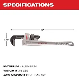 Milwaukee 18-inch aluminum pipe wrench is displayed with its specifications. It weighs 3.6 lbs, has a jaw capacity of up to 2.5 inches, and measures 18 inches in length and 3.75 inches in height.