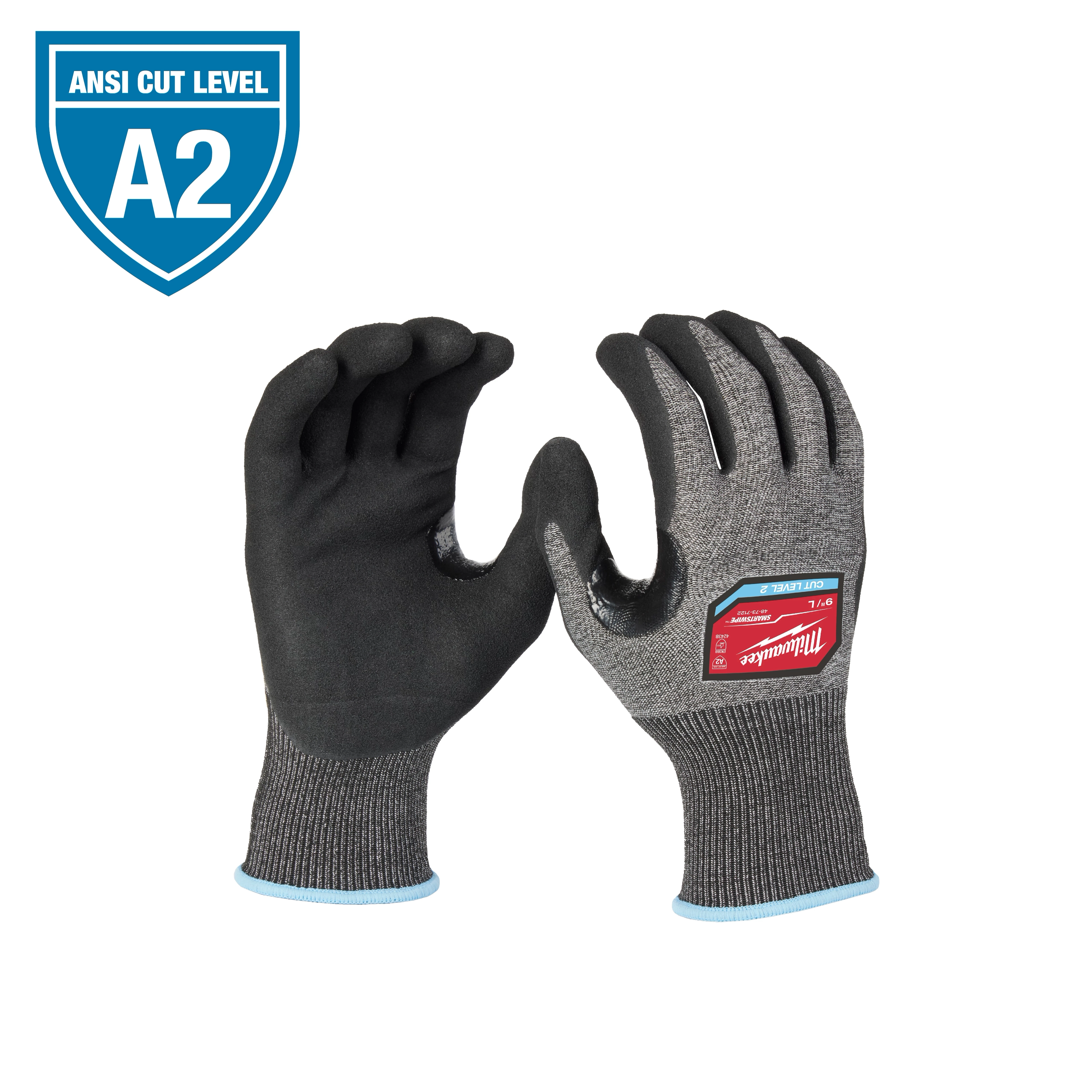 Cut Level 2 High-Dexterity Nitrile Dipped Gloves shown front and back, with grey fabric and black rubber palms. ANSI Cut Level A2 label.
