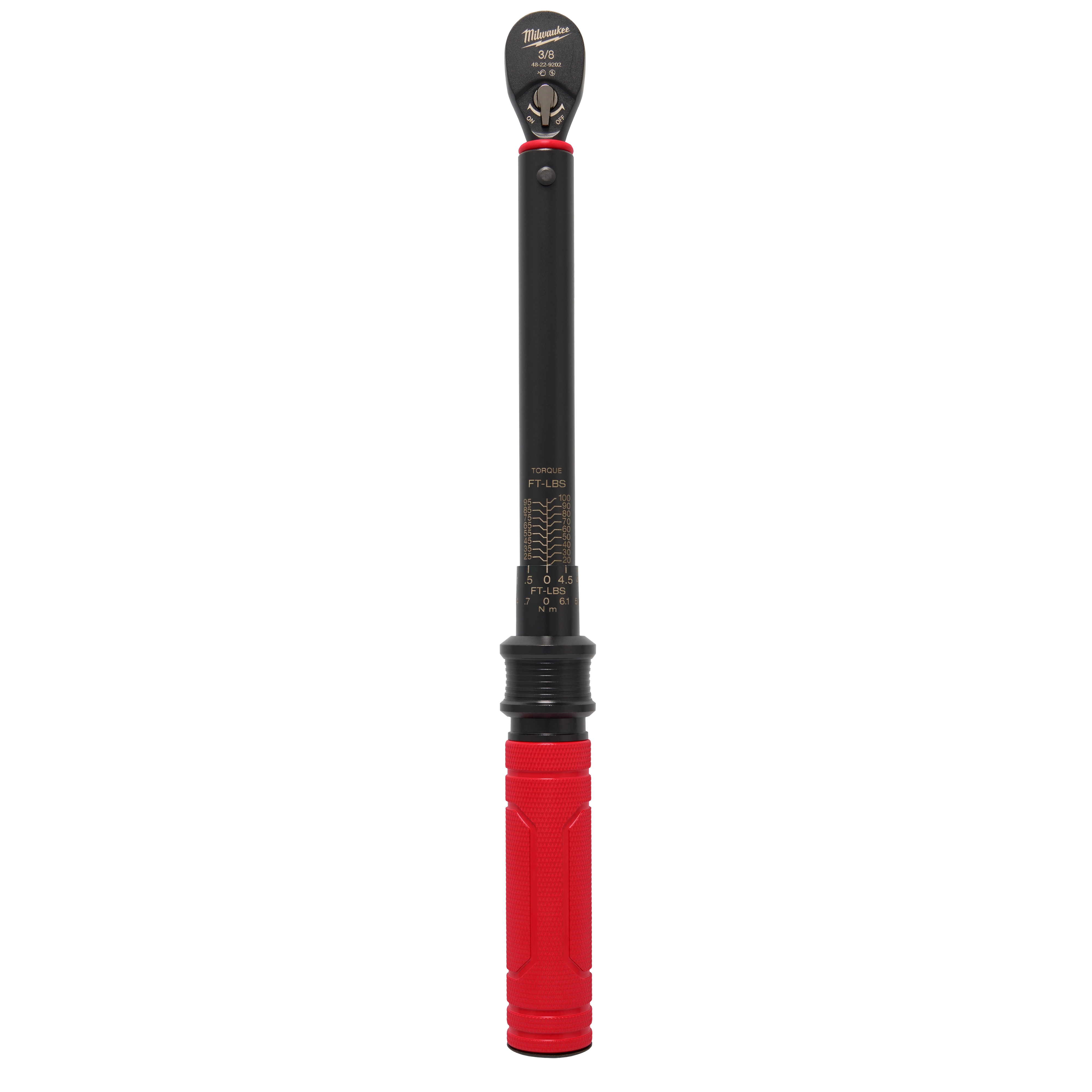 3/8” Drive Click Torque Wrench (20-100 FT-LBS) with a red handle and black shaft. Clear markings indicate torque measurement. It features a click mechanism for precise tightening in automotive and mechanical applications.