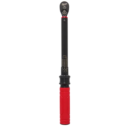 3/8” Drive Click Torque Wrench (20-100 FT-LBS) with a red handle and black shaft. Clear markings indicate torque measurement. It features a click mechanism for precise tightening in automotive and mechanical applications.