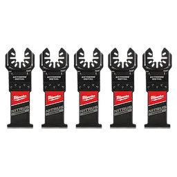 Five 1-3/8" NITRUS Carbide Extreme Metal Universal Fit Oscillating Multi-Tool Blades are shown in a row, featuring red and black design.
