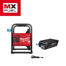 The image features the Milwaukee MX FUEL™ CARRY-ON™ 3600W/1800W Power Supply and Charger, alongside the MX FUEL™ REDLITHIUM™ FORGE™ HD12.0 battery. The unit includes Wi-Fi capabilities and a power cord. The product's robust frame is colored red with black accents.
