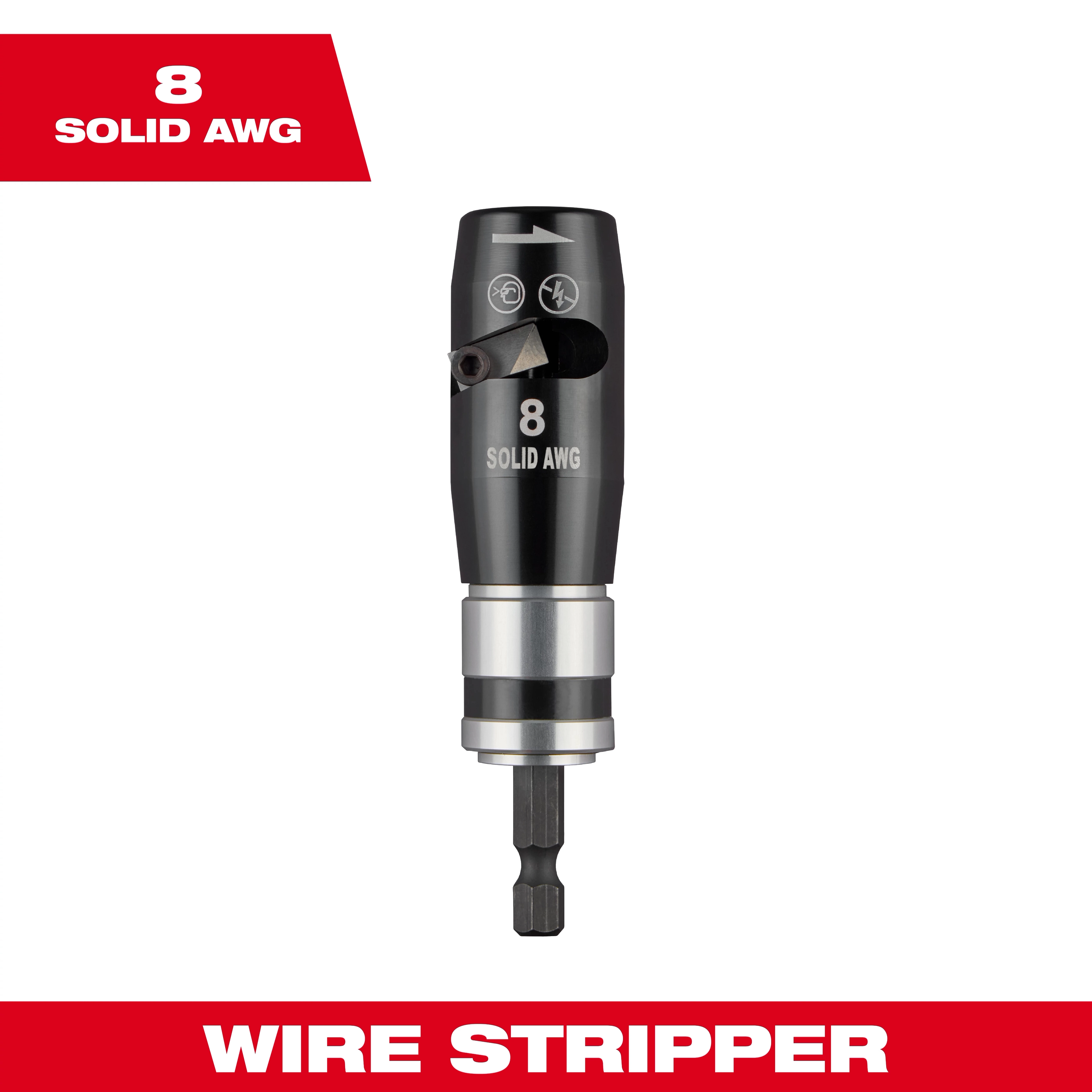 The image shows an 8 AWG Solid Wire Stripper, featuring a black and silver design. The label '8 SOLID AWG' is printed on the tool, which is intended for stripping 8-gauge solid wires. The background includes red banners with the tool's specifications and name.