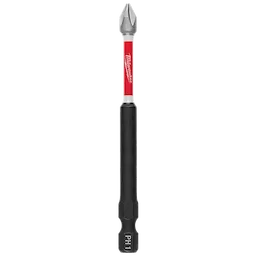 The image shows a SHOCKWAVE™ 3-1/2" Impact Phillips #1 Power Bit. It has a red shaft with the Milwaukee logo, a silver Phillips head, and a black base labeled "PH1".