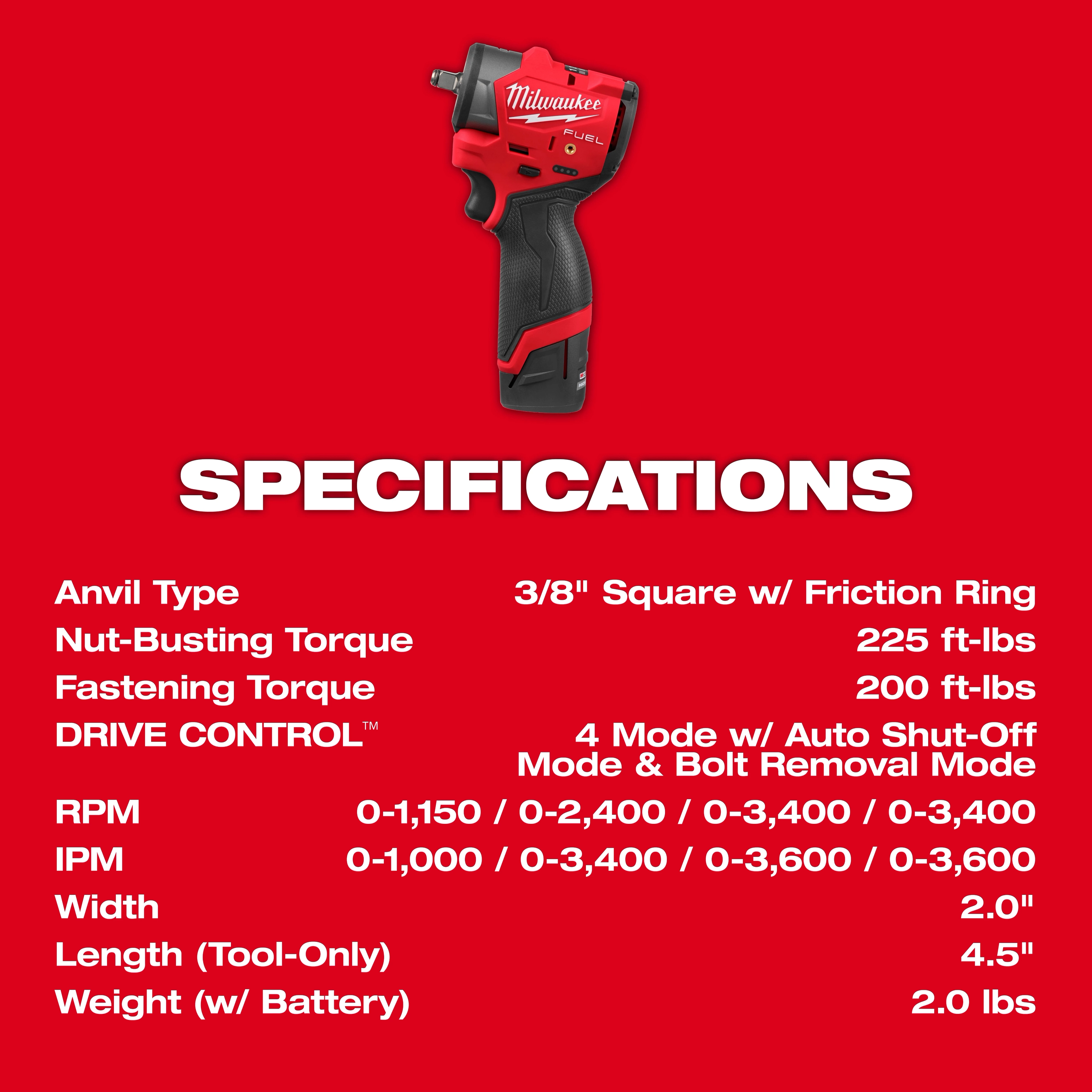 The image displays specifications for the M12 FUEL™ 3/8" Subcompact Impact Wrench w/ Friction Ring, including torque, RPM, and weight details. The wrench offers nut-busting torque of 225 ft-lbs and fastening torque of 200 ft-lbs. It features a 4-mode DRIVE CONTROL™ system and weighs 2.0 lbs.