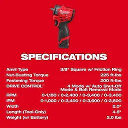 The image displays specifications for the M12 FUEL™ 3/8" Subcompact Impact Wrench w/ Friction Ring, including torque, RPM, and weight details. The wrench offers nut-busting torque of 225 ft-lbs and fastening torque of 200 ft-lbs. It features a 4-mode DRIVE CONTROL™ system and weighs 2.0 lbs.