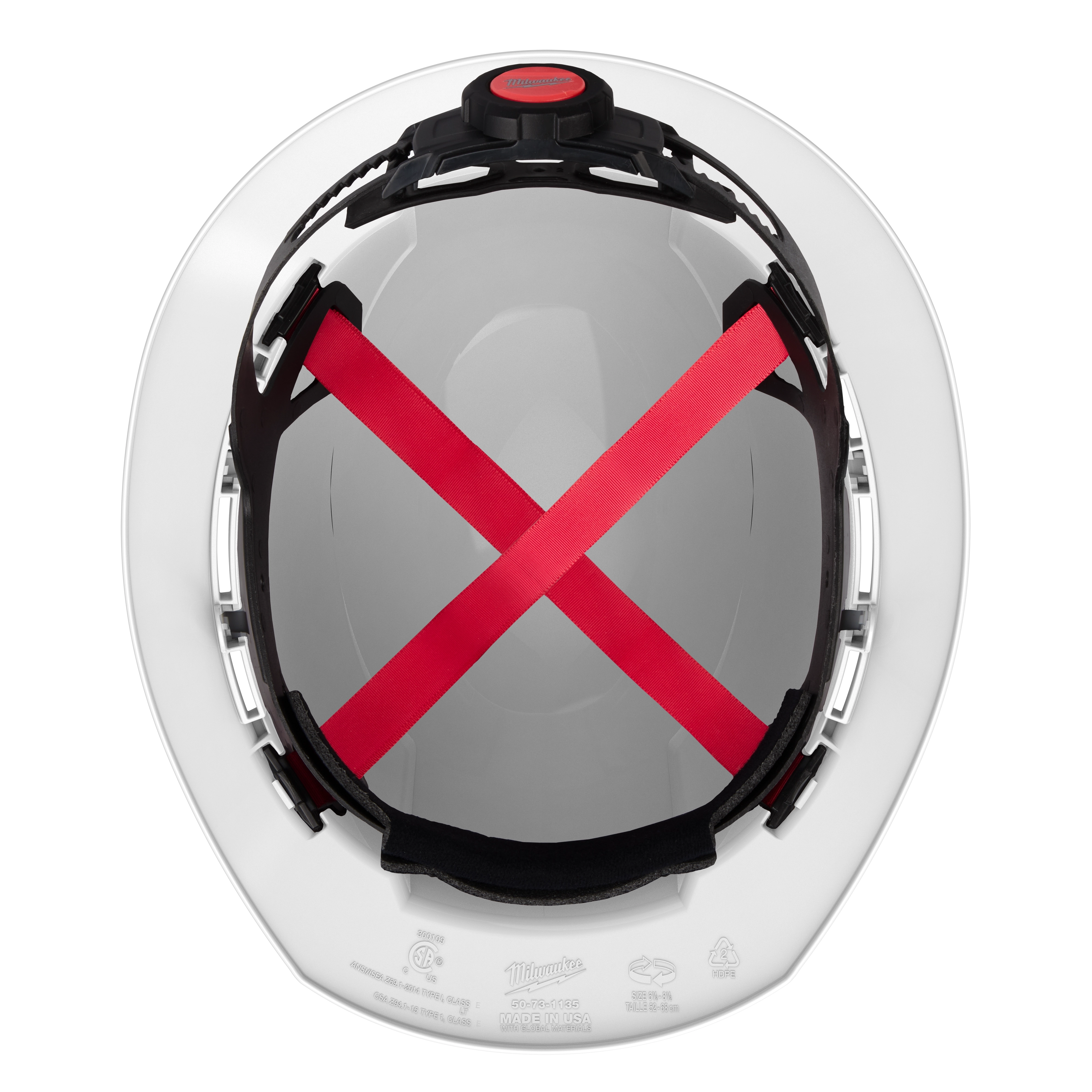 BOLT White Full Brim Hard Hat with a 4-point Ratcheting Suspension (USA) - Type 1, Class E is shown from above, highlighting the red suspension system and adjustable ratcheting mechanism.