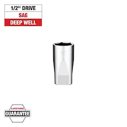 Image of a Milwaukee 1 1/4-inch SAE deep well socket with a 1/2-inch drive. The text above the socket reads "1/2" Drive, SAE, Deep Well." Below the socket, a badge states "Lifetime Guarantee." The socket is metallic and cylindrical in shape.
