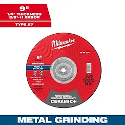 9" x 1/4" x 5/8"-11 Ceramic+ Metal Grinding Wheel - Type 27. Red, labeled for metal and stainless steel grinding.