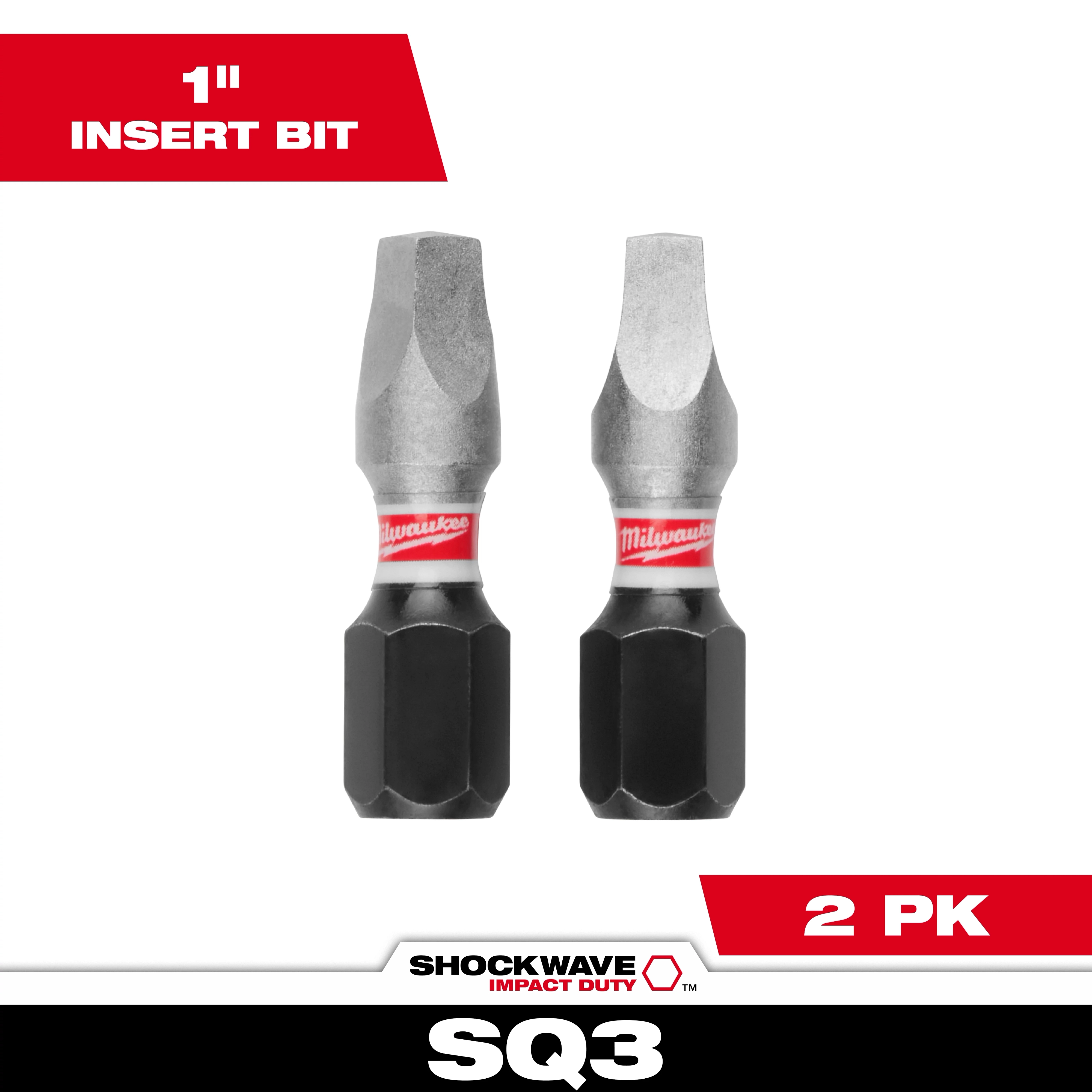 This image shows two SHOCKWAVE™ 1" Impact Duty Square Recess #3 Insert Bits (2 PK) by Milwaukee. The insert bits have a square tip with a red and white Milwaukee logo band around the middle, designed for high-impact applications.