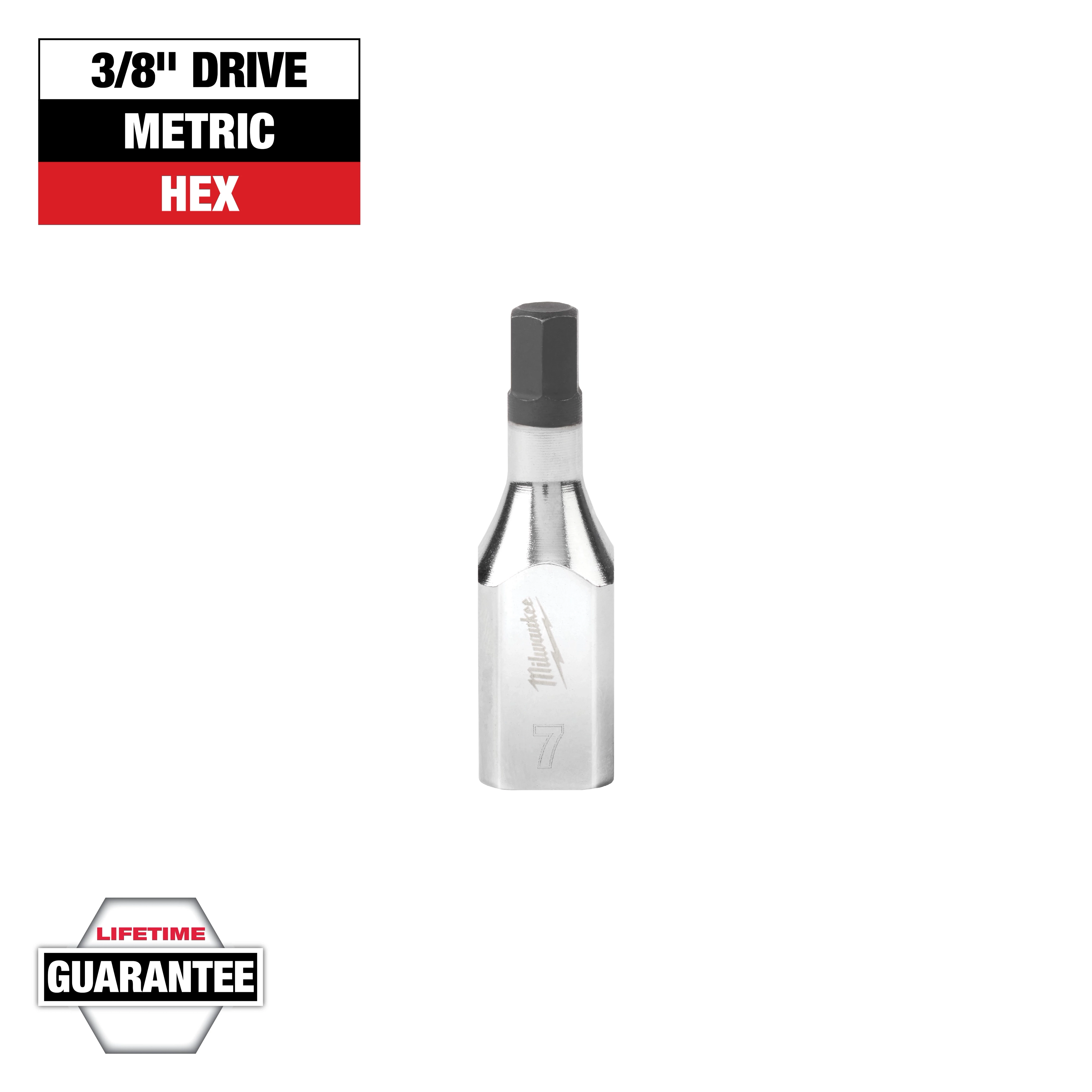 This image shows a metric hex socket with a 3/8" drive from Milwaukee. The tool is chrome with a black hex tip and marked with a "7." A logo and "Lifetime Guarantee" are displayed beside the socket.
