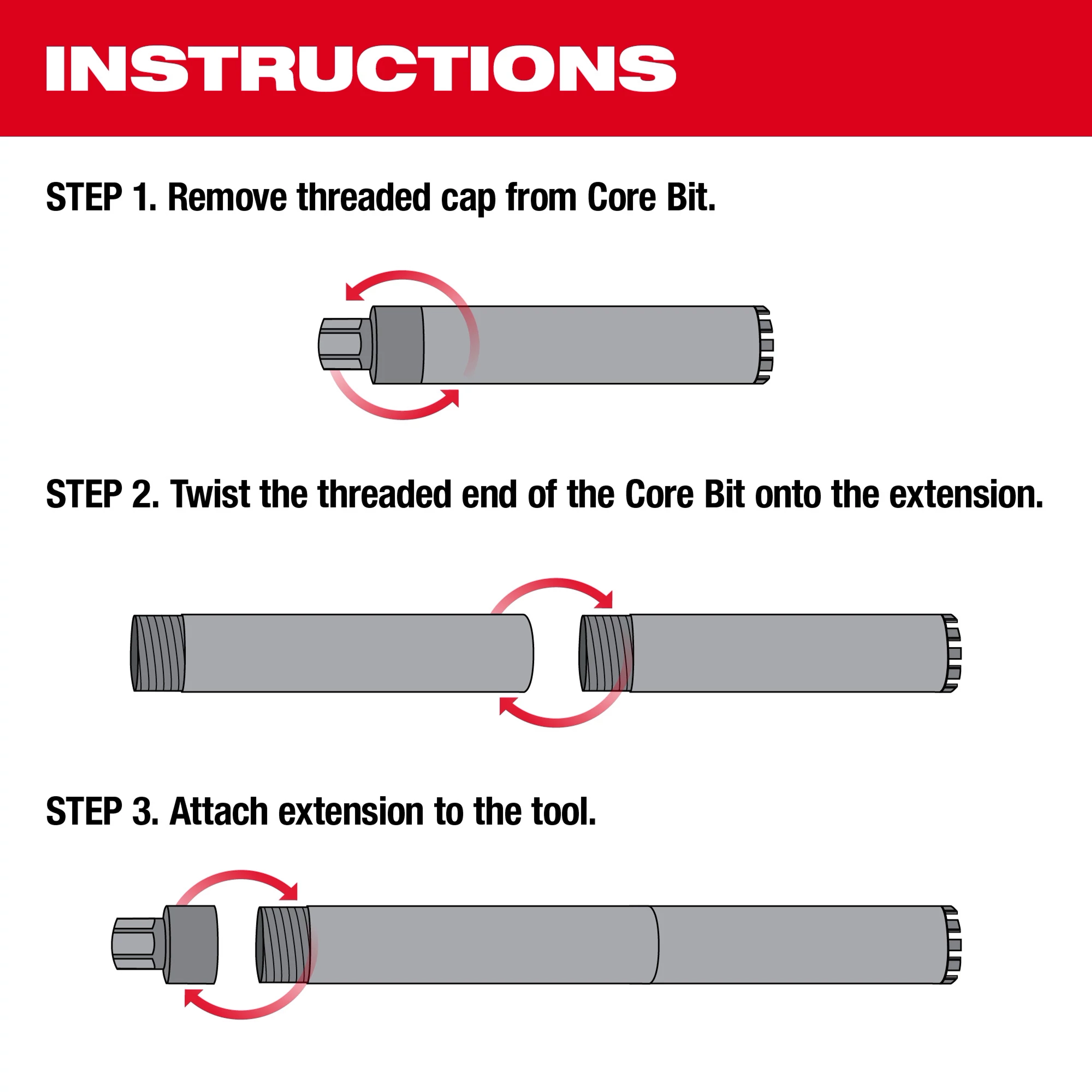Diamond Premium Wet Core Bit Extensions Instructions. Instructional diagram showing steps to attach the extension to a core bit and tool.